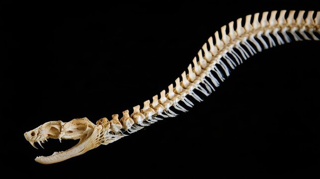 High-angle macro close-up of snake skull and spine articulated skeleton isolated against solid black background, revealing reptile anatomy, bones, vertebrate structure and natural science concept