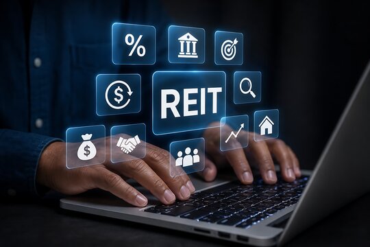 Businessman working on laptop with glowing reit real estate investment trust icons floating
