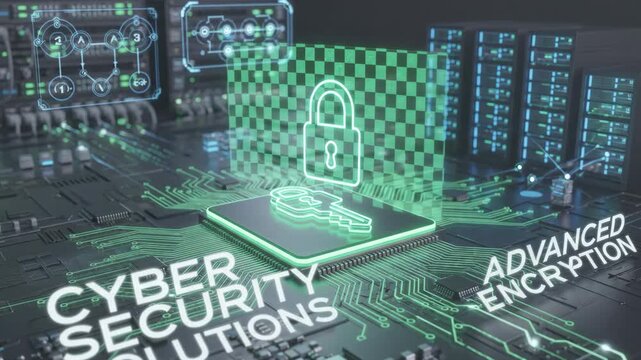 Digital technology displaying glowing cyber security symbols and virtual encryption shields above computer processor chip inside server room environment during database operation.