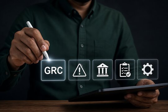 Person holding tablet and pointing at grc governance risk compliance virtual icons hologram