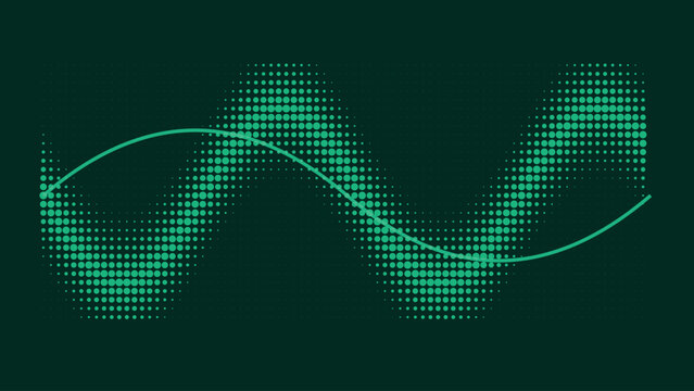 Abstract dark green background featuring a glowing green sinusoidal wave over a halftone grid pattern   
