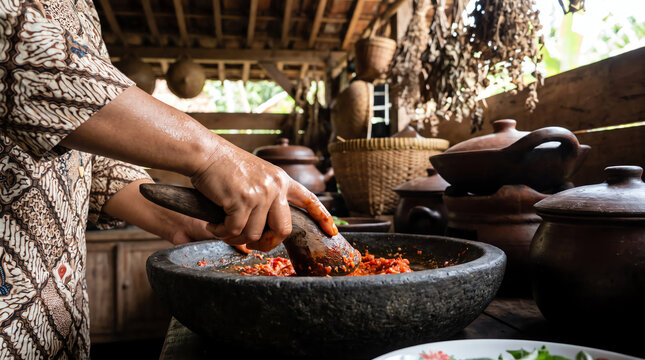 Close-up woman hands grinding spicy sambal chili paste in traditional stone mortar