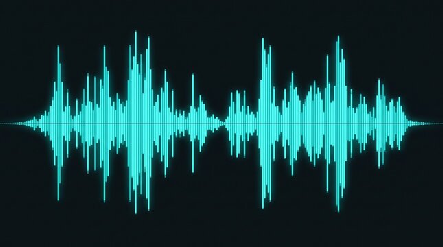 Glowing cyan audio waveform visualization showing sound frequencies on a dark background