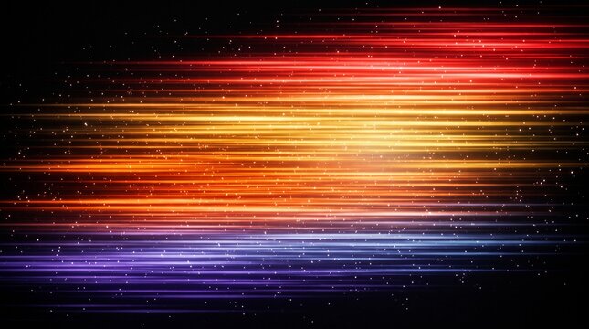Abstract digital art with glowing neon red, orange, and blue light streaks on black background