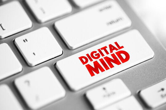 DIGITAL MIND text on keyboard key, depicts artificial consciousness, synthetic thinking, cyber intelligence, mental processing, virtual reality, futuristic philosophy, advanced computing, human.