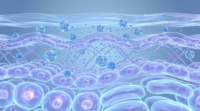 3D animation showing hyaluronic acid penetrating through skin layers in cross-section, illustrating hydration absorption, moisture retention, cellular replenishment