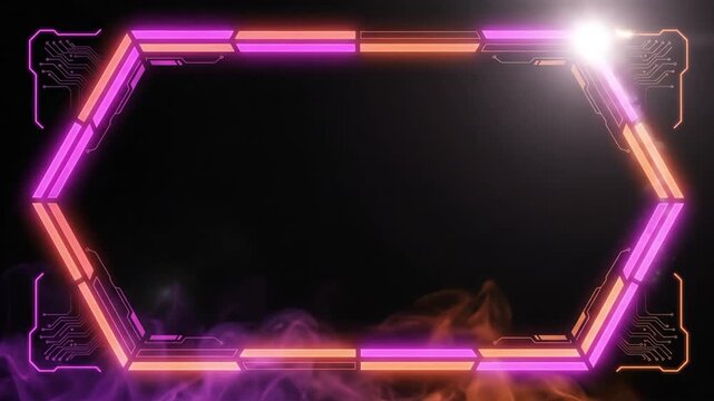 HUD neon interface glowing futuristic panel frame shining bright against dark background, displaying cyber technology design with digital screen elements and high tech visual display graphics.