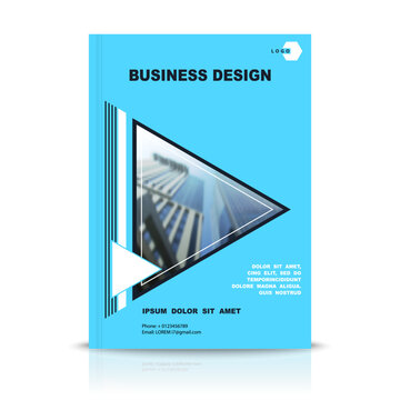 Business cover abstract geometric triangles flat design with stripes, blue, and black, A4. Presentation, page layout, template and flyers. Office buildings, business card, text. Vector illustration
