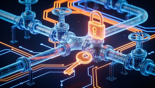 Isometric natural gas pumping facility with cyber orange lock shield, holographic blue wireframe pipes and control valves on dark navy, pipeline network data security technology illustration