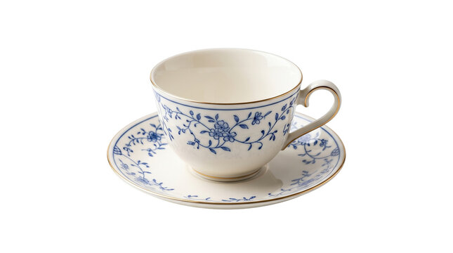 Elegant porcelain teacup and saucer set blue pattern white background