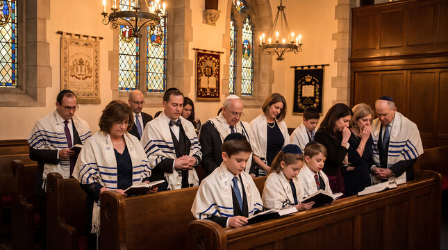 Jewish Congregation Praying in Synagogue with Tallits and Prayer Books