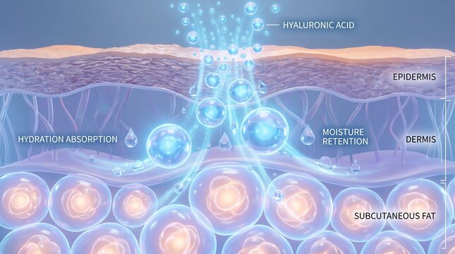 3D animation showing hyaluronic acid penetrating through skin layers in cross-section, illustrating hydration absorption, moisture retention, cellular replenishment