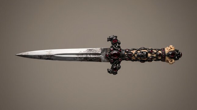 Ornate gothic ceremonial dagger with a polished aged steel blade, elaborate black metal handle decorated with deep crimson gemstones and intricate skull carvings, medieval craftsmanship, dramatic dark