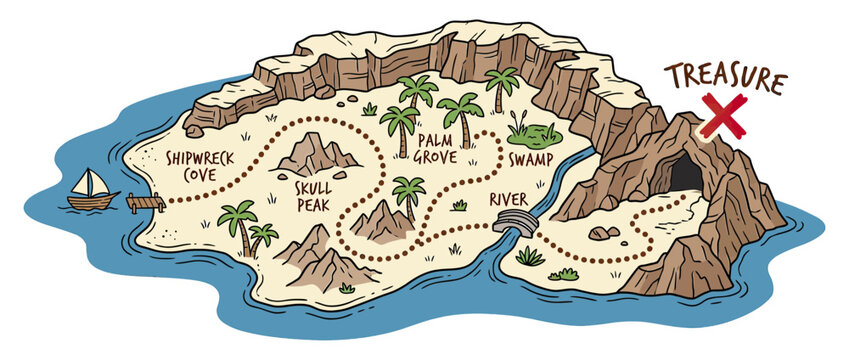 Cartoon Treasure Island Map with Path and Landmarks