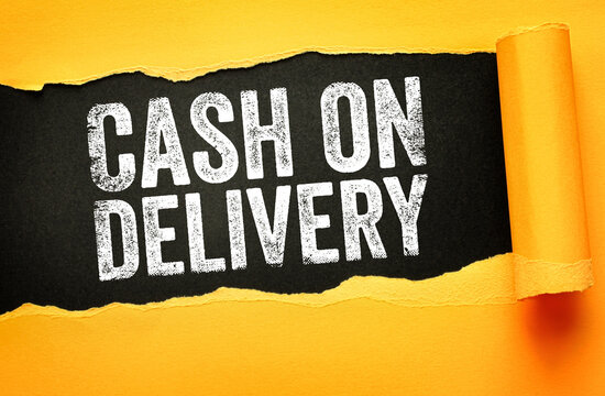 Cash on Delivery message under torn paper background. Payment method notification with bold distressed typography, useful for ecommerce, logistics ads, and customer information visuals