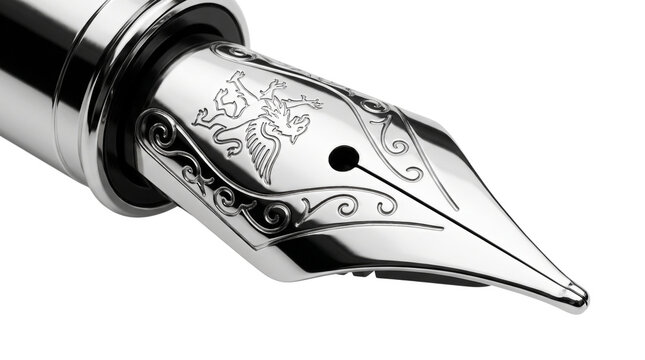 Elegant silver fountain pen nib macro shot white background