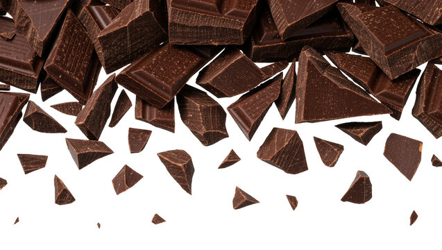 Dark chocolate chunks scattered and broken, isolated on transparent background