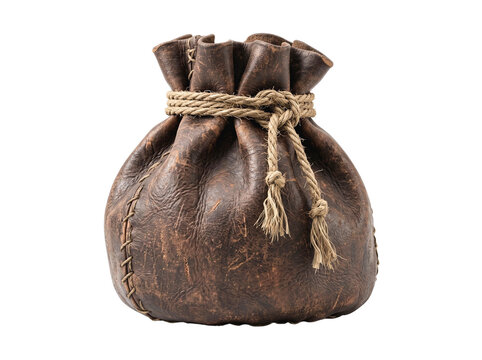 Vintage leather drawstring pouch with rope isolated on white