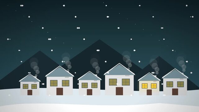 Animated winter village scene at night with falling snow