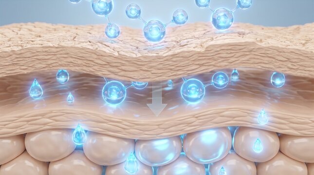 3D animation showing hyaluronic acid penetrating through skin layers in cross-section, illustrating hydration absorption, moisture retention, cellular replenishment