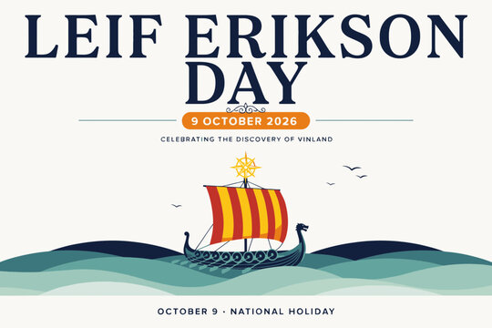 Leif Erikson Day celebration poster featuring Viking ship illustration on waves
