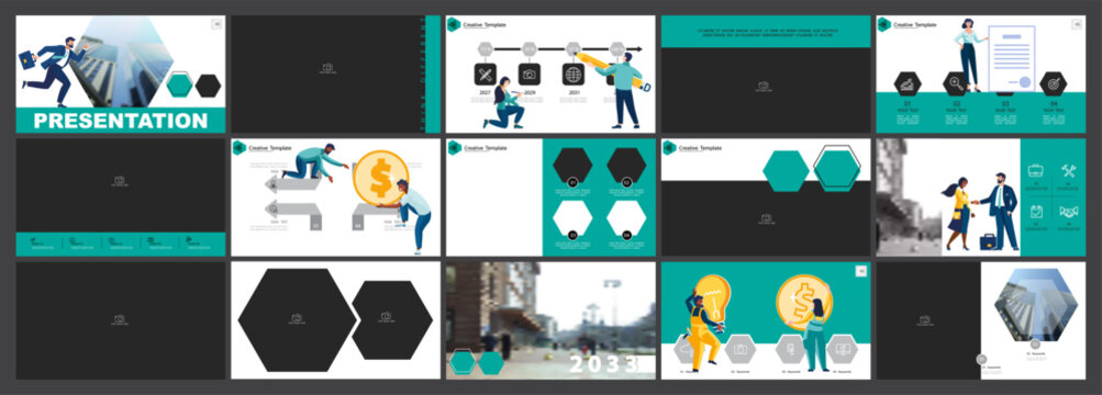 Set, business presentations, monetary financial circulation, buying gold coins, powerpoint. Infographic design template, blue, black elements. Team people is creating a business. Vector illustration
