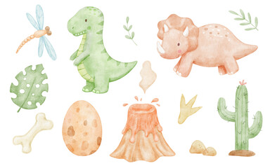 Cute dinosaurs, dragonfly and dino egg. Colorful watercolour t-rex, volcano and cactus for childish graphic design projects. Nursery collection © Elena