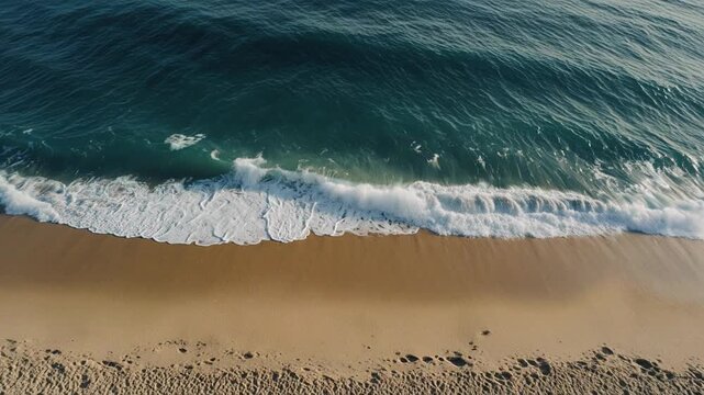 Gentle ocean waves rolling onto a sandy beach at sunrise with serene coastal motion