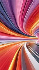 Fototapeta premium Swirling colorful light filaments forming endless tunnel with vibrant red orange purple and blue streaks converging into curved vortex