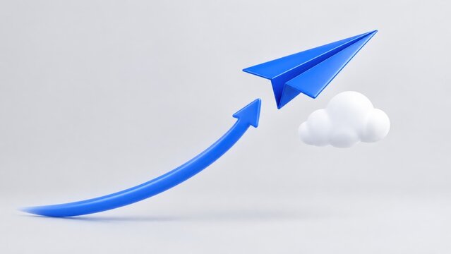Bright blue paper airplane soaring upward with curved upward arrow and fluffy white cloud floating together on clean minimal light grey background studio shot