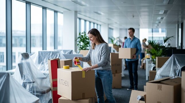 Bright modern office relocation with packed cardboard boxes and covered furniture near large windows in natural daylight