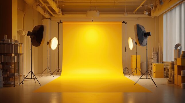 Empty photo studio with yellow backdrop and lighting equipment, prepared for a commercial shoot with softboxes, reflectors, stands and storage cases