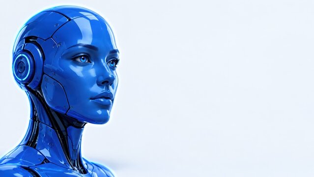 Glossy blue female humanoid robot portrait showcasing advanced artificial intelligence features with glowing cybernetic elements against a clean bright studio background