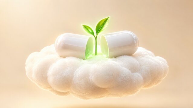 Bright green seedling sprouting from inside an open white capsule medicine pill resting gently on fluffy white cloud against warm beige background digital illustration