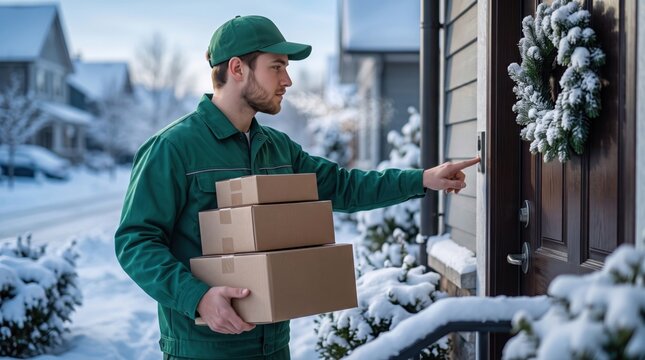 Delivery worker ringing a doorbell with stacked parcels, outside a suburban house in winter, wearing a green uniform and crossing fresh snow