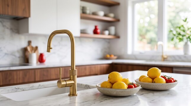 Modern marble kitchen island with brass faucet and lemons, in a bright luxury interior with warm wood cabinetry, fresh fruit and soft daylight