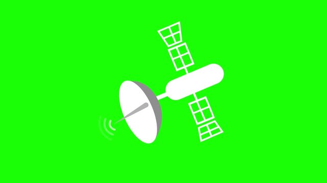White satellite with dish and solar panels sending signal minimalist animation