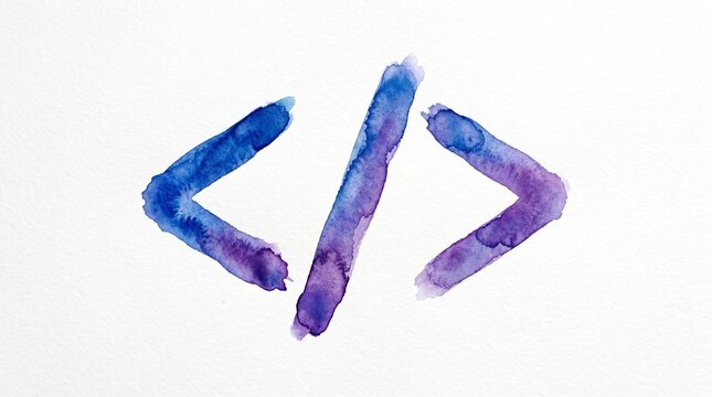 Watercolor painting of a large code symbol made of angle brackets and a slash, blue and purple gradient washes, loose brush strokes, simple minimalist design, isolated on white background, no text