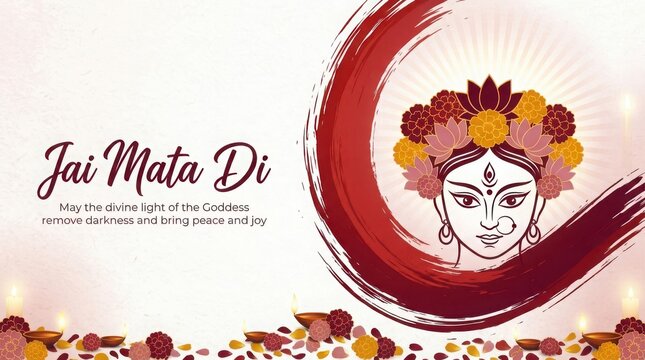Goddess durga ma abstract illustration with flower crown, lit lamps, and jai mata di greeting design.