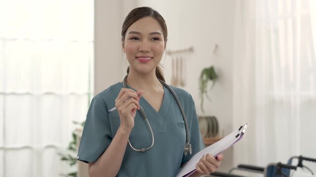 Female Asian caregiver writes notes on clipboard while checking care environment in assisted living center, supporting routine inspection, safety monitoring, documentation and senior care quality.