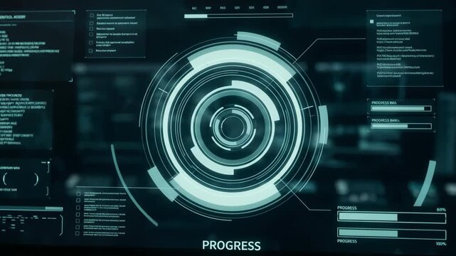 HUD, Technology loading interface displaying digital data graphs and cyber progress bars on screen for futuristic system operation while processing network information during software deployment.
