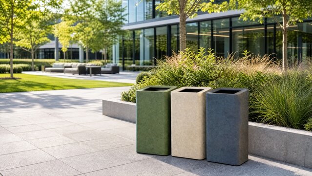 Modern rectangular waste sorting bins with green beige and blue colors arranged neatly on outdoor concrete pavement outside contemporary commercial office building architecture during daytime