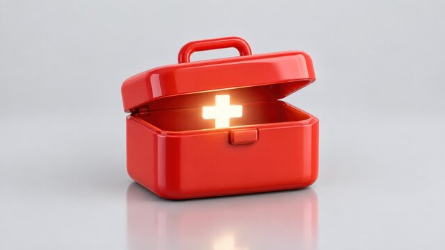 Bright glossy red first aid kit open with a glowing medical cross symbol shining brightly inside creating a helpful healing emergency concept studio shot