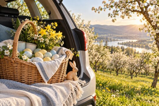 Sustainable Easter picnic in a realistic empty setting for wellness, sustainable living, editorial design and community campaigns