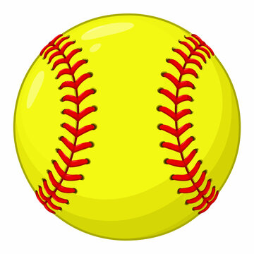 Bright Yellow Softball with Red Stitches Flat Vector Illustration