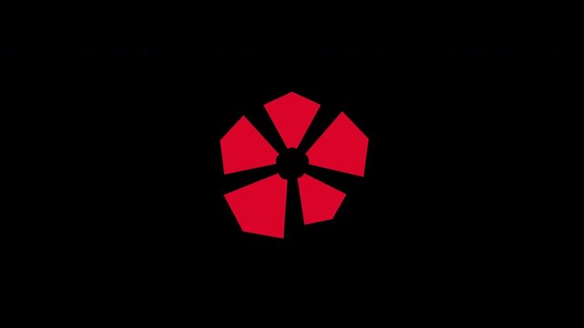 Red geometric floral shapes spinning on a solid black background
