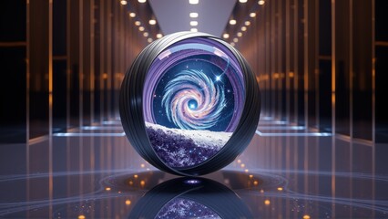 Fototapeta premium Futuristic sphere displays swirling galaxy. Reflective floor mirrors scene, creating infinite tunnel illusion. Dramatic lighting enhances depth.