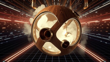 Fototapeta premium Wooden sphere with jet engines. Futuristic tunnel background. Smoke trails emanate from propulsion systems. Dramatic lighting creates intense visual impact.