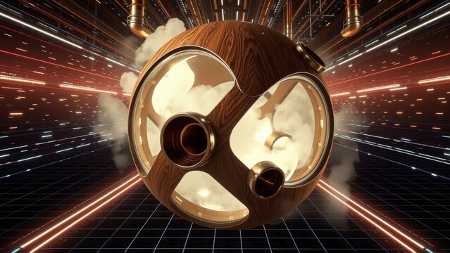 Wooden sphere with jet engines. Futuristic tunnel background. Smoke trails emanate from propulsion systems. Dramatic lighting creates intense visual impact.