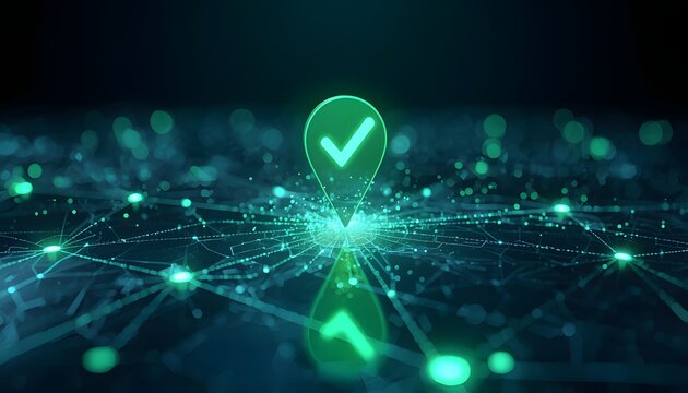 Glowing digital location pin with checkmark on a futuristic network